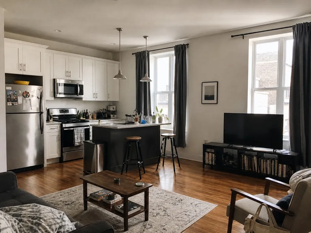 Modern open-concept kitchen and living room with white cabinets, a dark island, and hardwood floors
