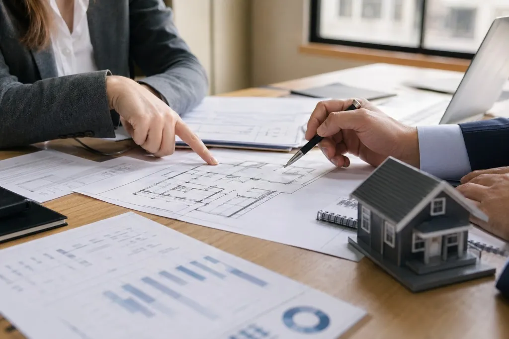 Two professionals reviewing housing plans and financial documents at a table